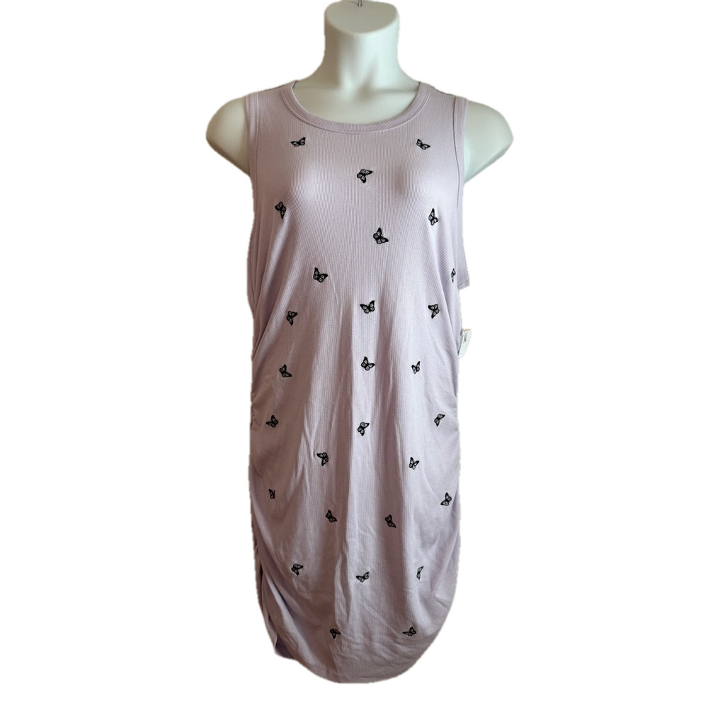 Rebellious One Dusty Lavender Embroidered Butterfly Rouches Ribbed Dress SKU0436